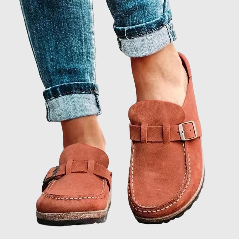 Casual slip-on buckle loafer shoes with cushioned sole, classic stitch detailing and metallic accent