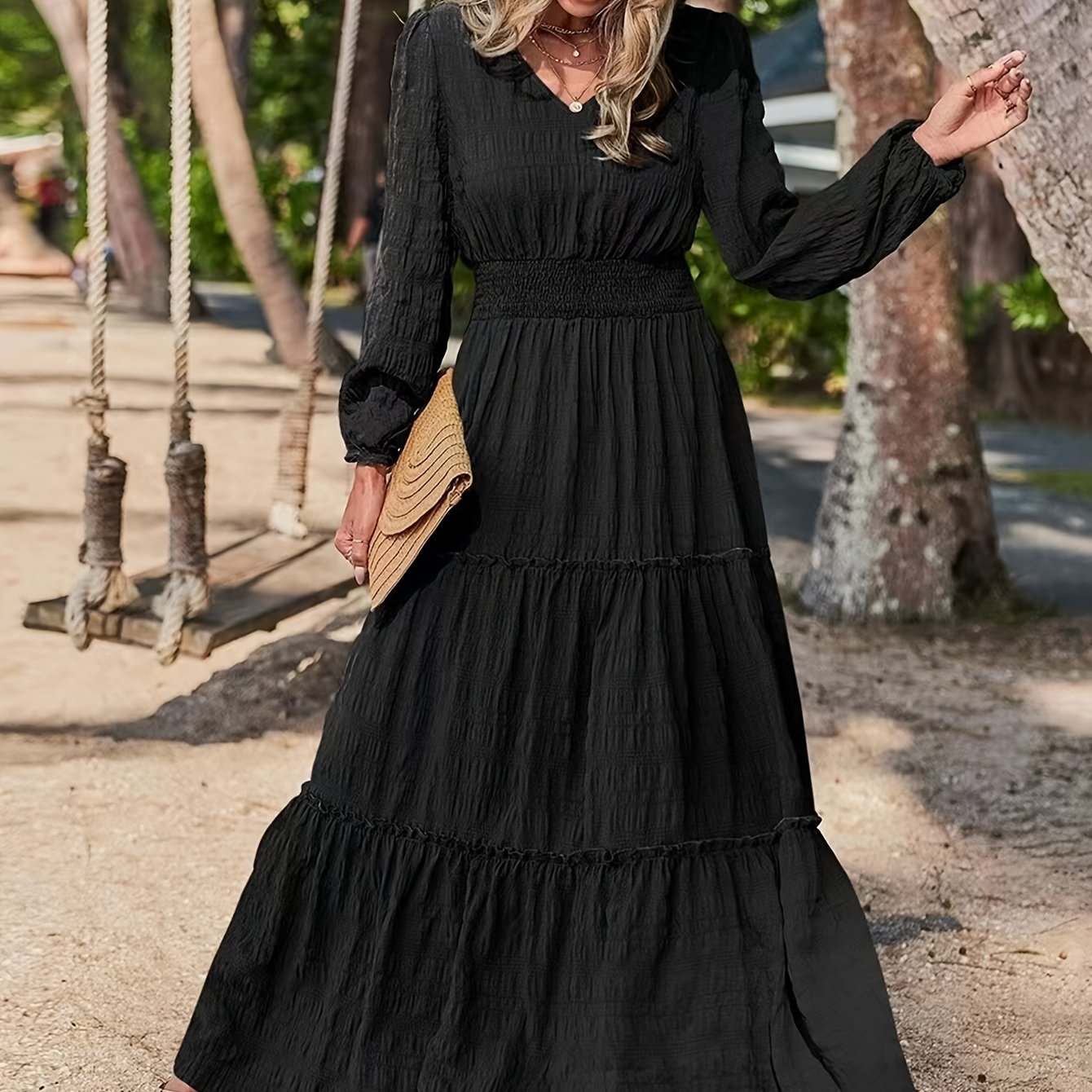 Women's loose fit long sleeve maxi dress with tiered hem and flattering gathered waist