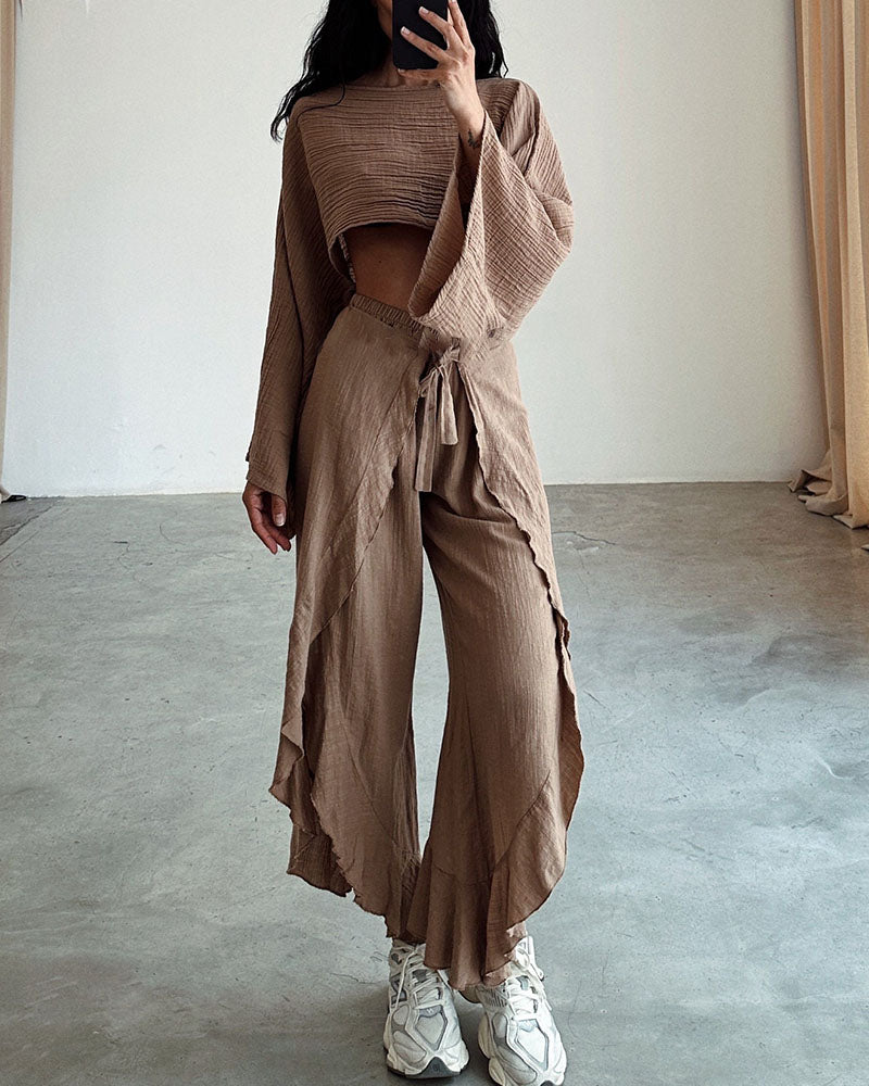 Women's casual two-piece polyester set with slit detail and tie waist, everyday fashion S-3XL