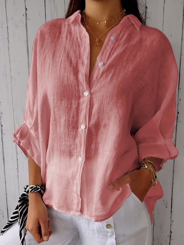 Unisex cotton linen casual shirt solid color long sleeve lapel collar breathable relaxed fit