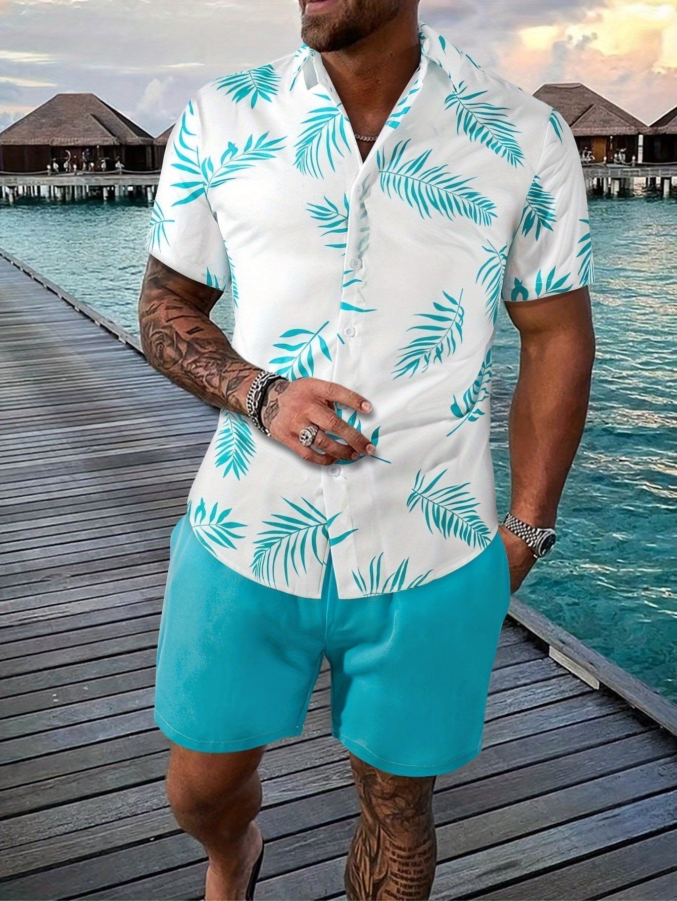 Men's two-piece summer set light coordinated vacation beach outfit with relaxed modern casual fit