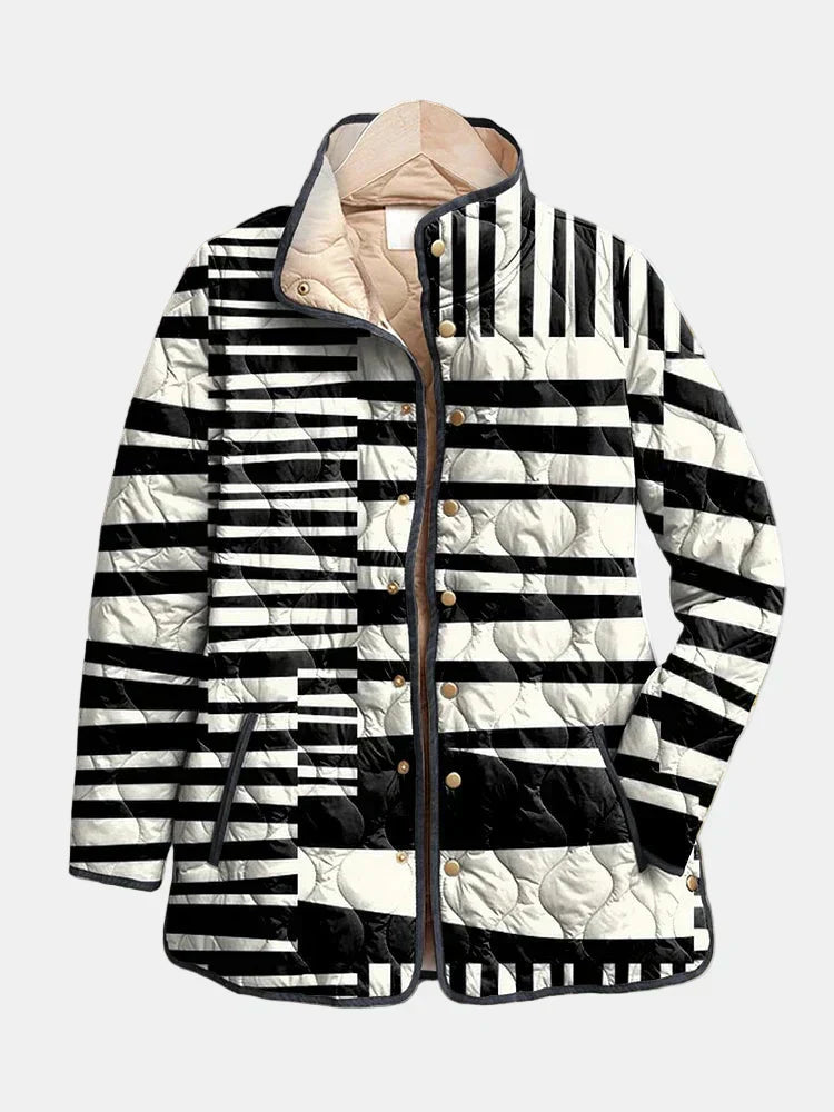 Women's striped quilted snap jacket lightweight warmth stand collar bold modern layering piece