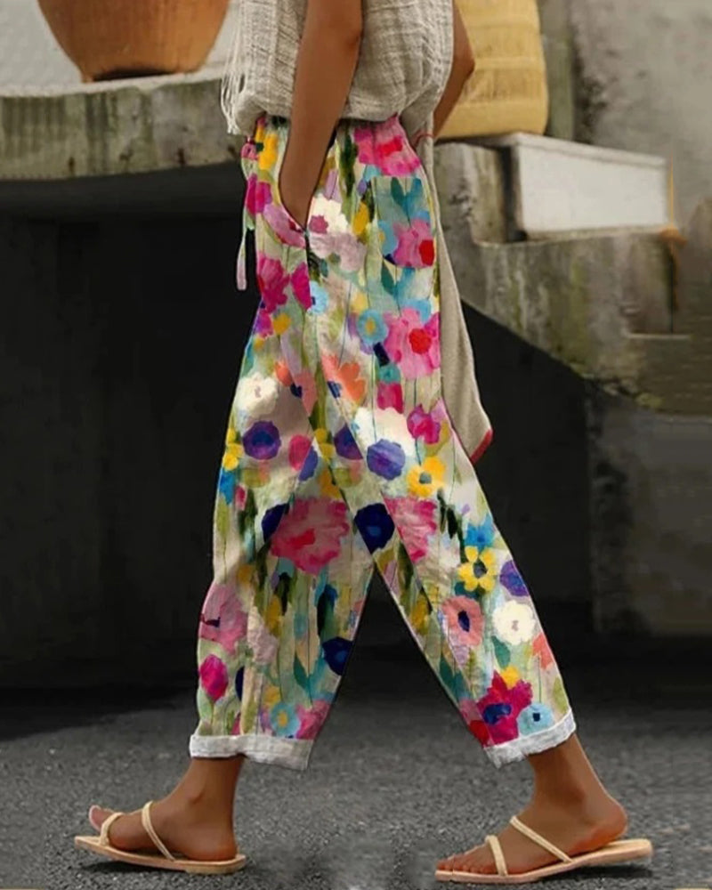 Women's floral print wide-leg pants high waist elastic waistband lightweight loose fit summer