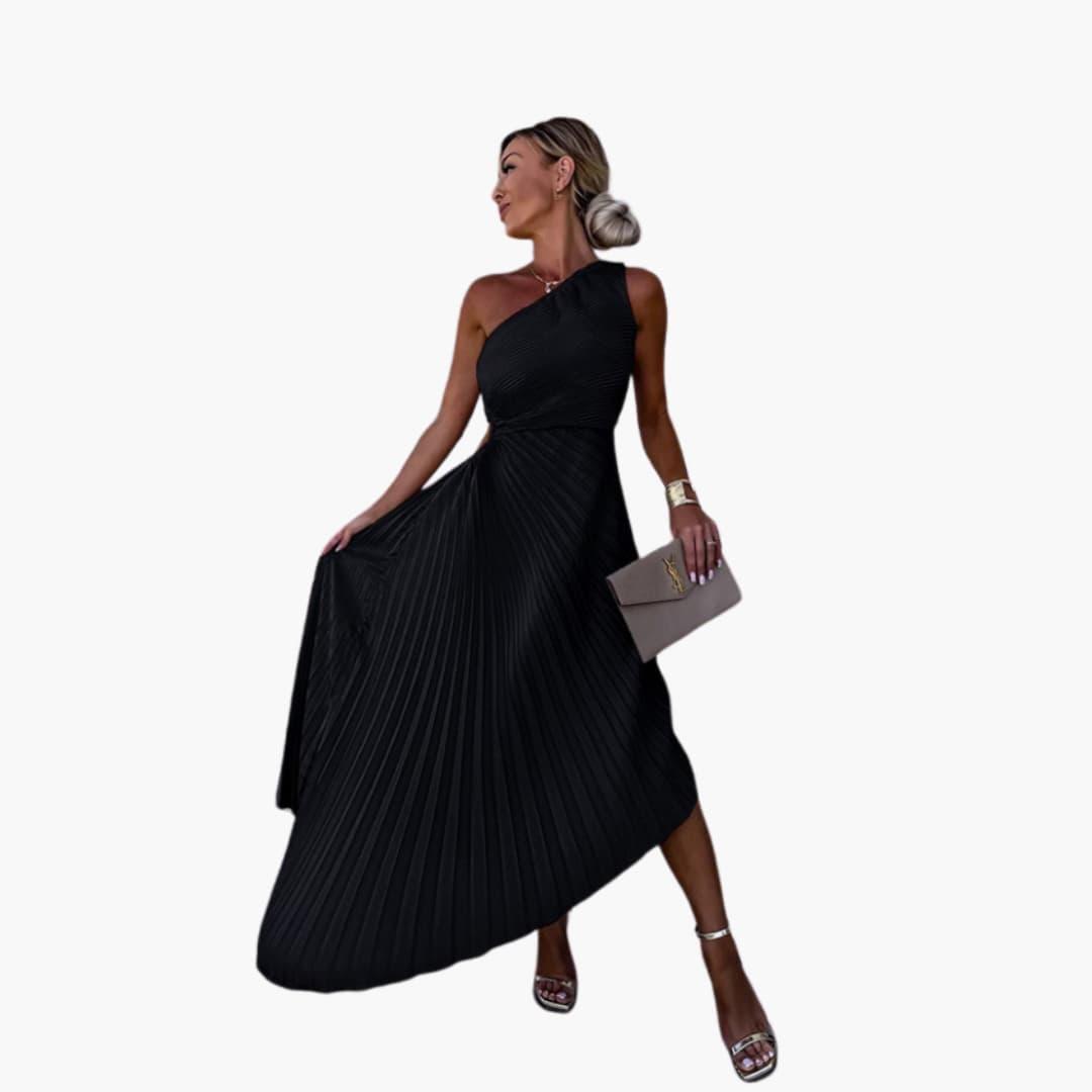 Rafaela black evening dress asymmetrical one-shoulder fitted silhouette elegant formal gown