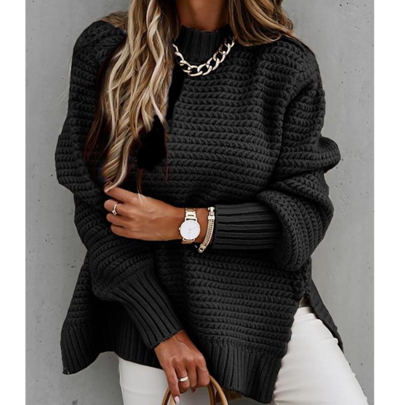 Women's chic cozy knitted sweater top with side split detail, perfect for office autumn winter wear