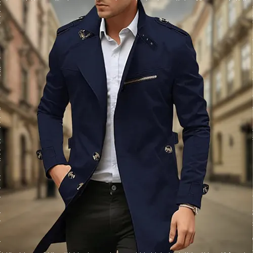 Men's slim-fit long coat in neutral tone, structured cut with discreet button closure for work