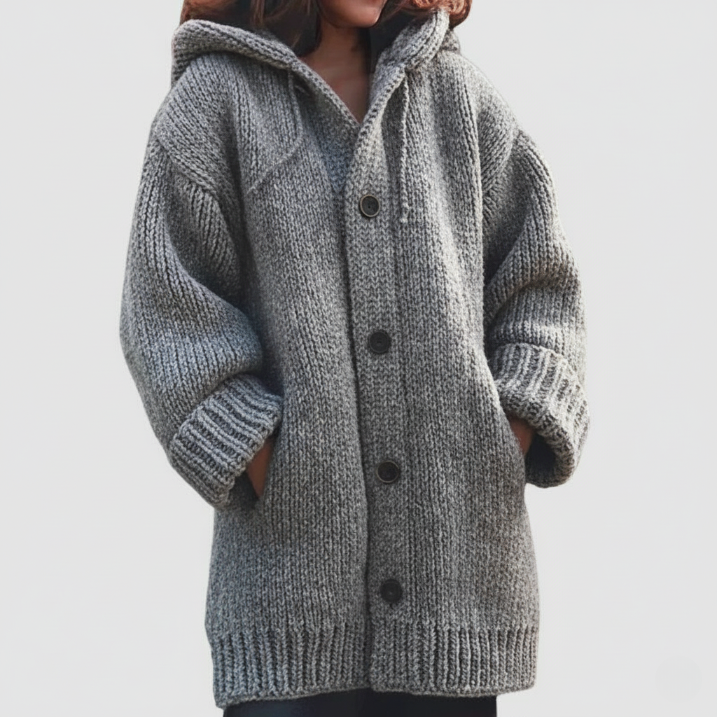 Women's oatmeal wool-blend oversized hooded cardigan with button-front pockets, mid-thigh length
