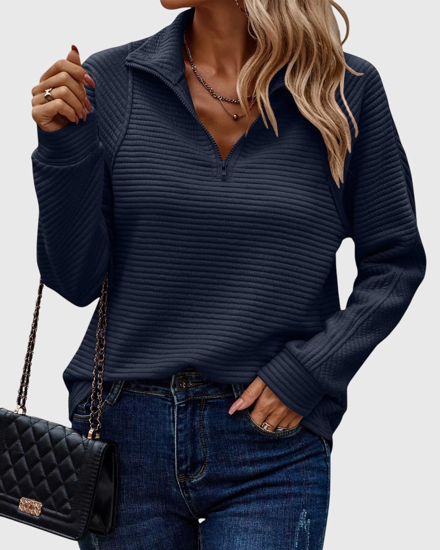 Women's zip-up long sleeve pullover modern easy fit versatile everyday layer with structured front zipper