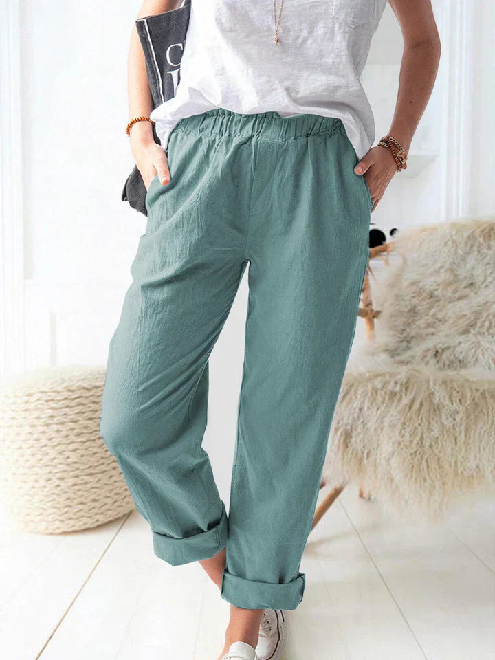 Unisex beige linen trousers relaxed fit with elastic waistband for all-day breathable comfort