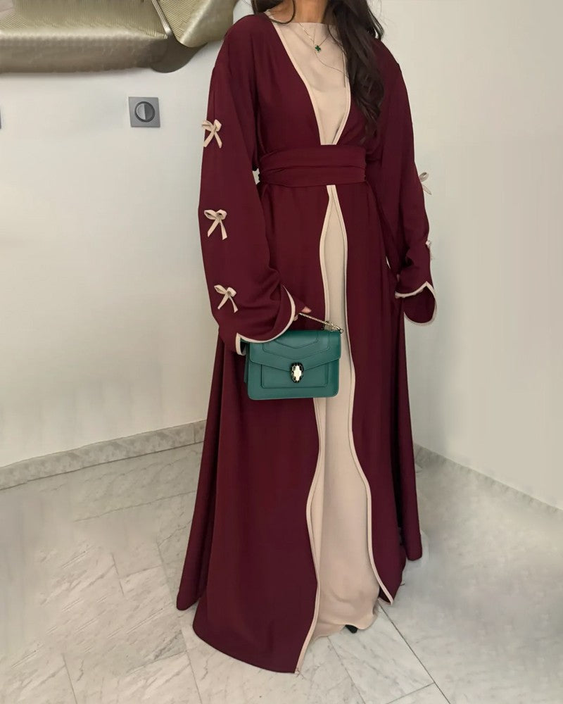 Women's ivory bow cardigan and dress two-piece set with elegant tie detail, versatile casual to party style