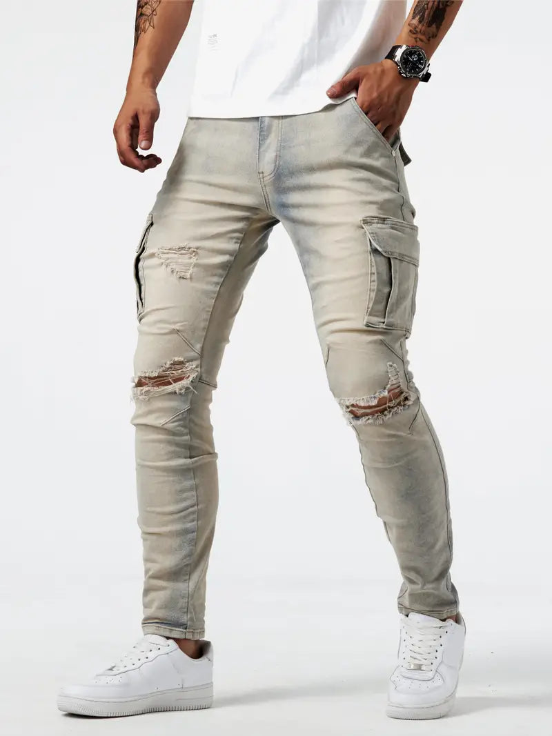 Men's slim fit stretch denim cargo jeans with multi-pocket design in casual streetwear style