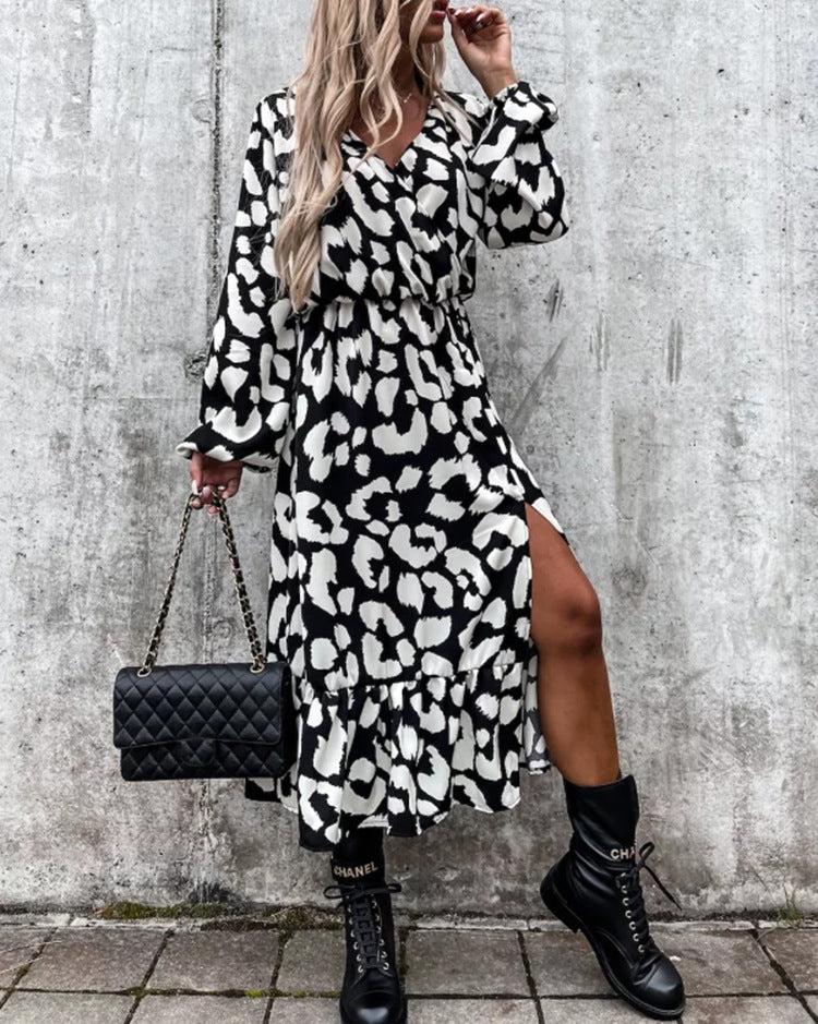 Leopard print maxi dress with elastic waist, front slit, lightweight flowing fabric, chic everyday style