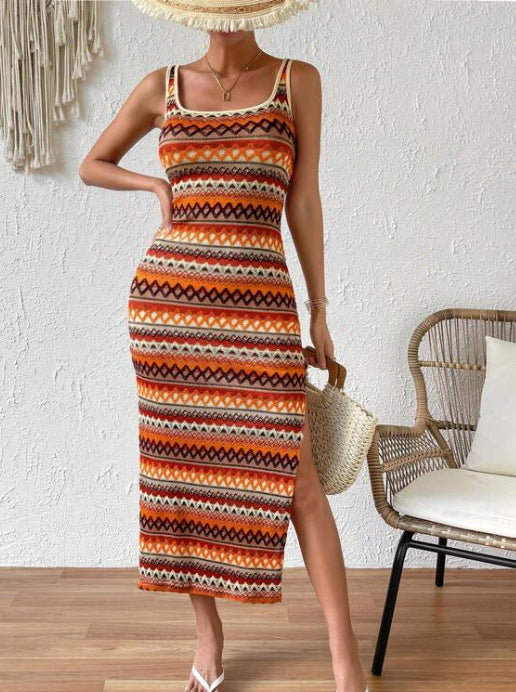 Women's sleeveless striped dress square neckline slim flattering silhouette modern elegant fit