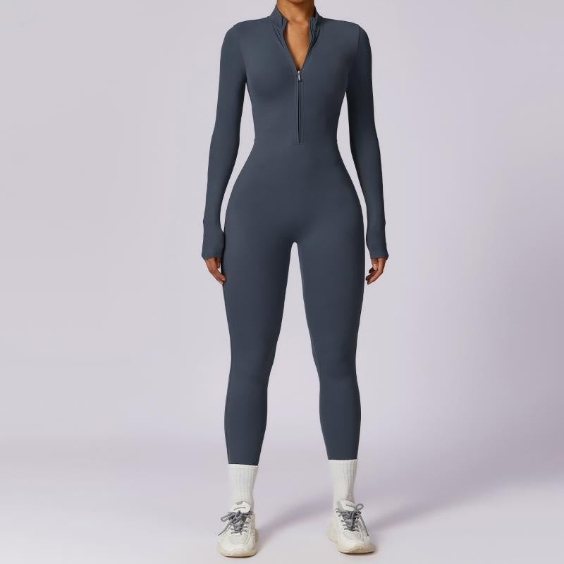 Women's seamless sports jumpsuit in neutral tone, slim athletic cut with friction-free seamless design