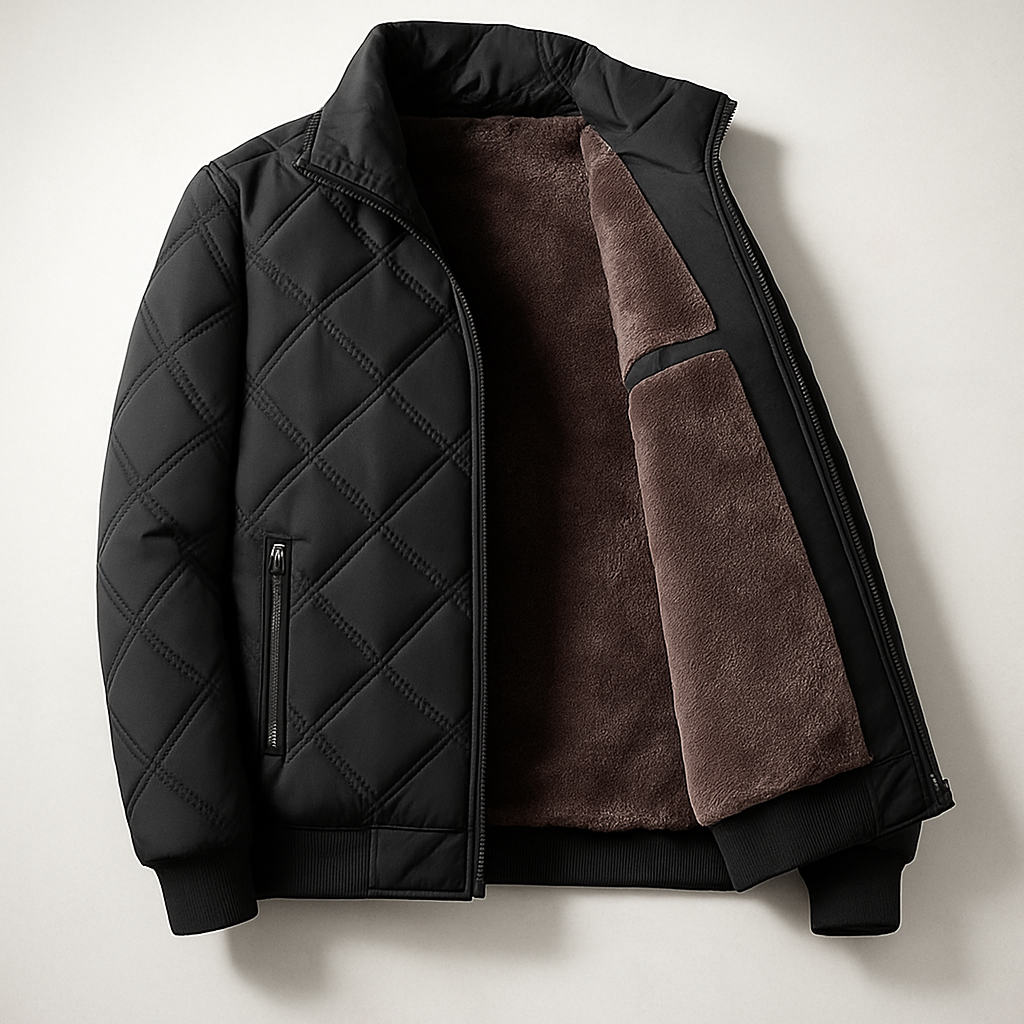 Men's quilted fleece jacket stand-up collar full-zip regular fit ribbed cuffs cozy layer