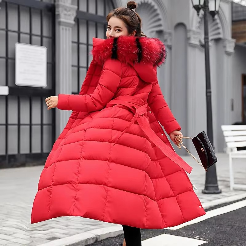 Women's long hooded down jacket elegant silhouette faux fur-lined hood lightweight winter warmth