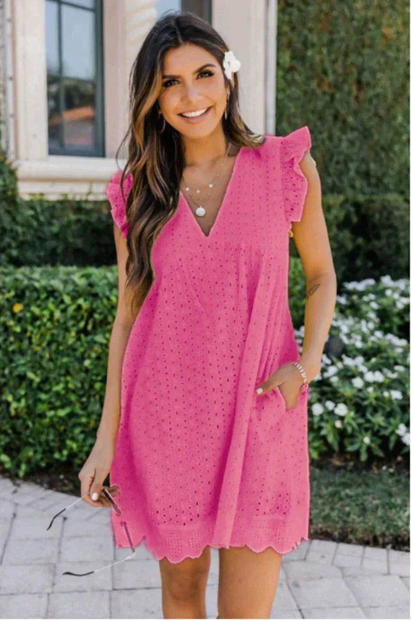 Women's white sleeveless summer dress V-neck broderie anglaise cotton blend lightweight breathable