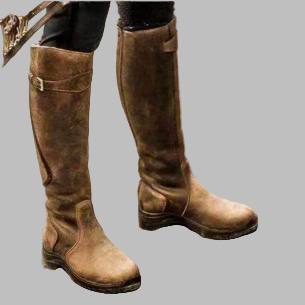 Women's brown leather hiking boots with adjustable strap, trail-ready durable outdoor footwear