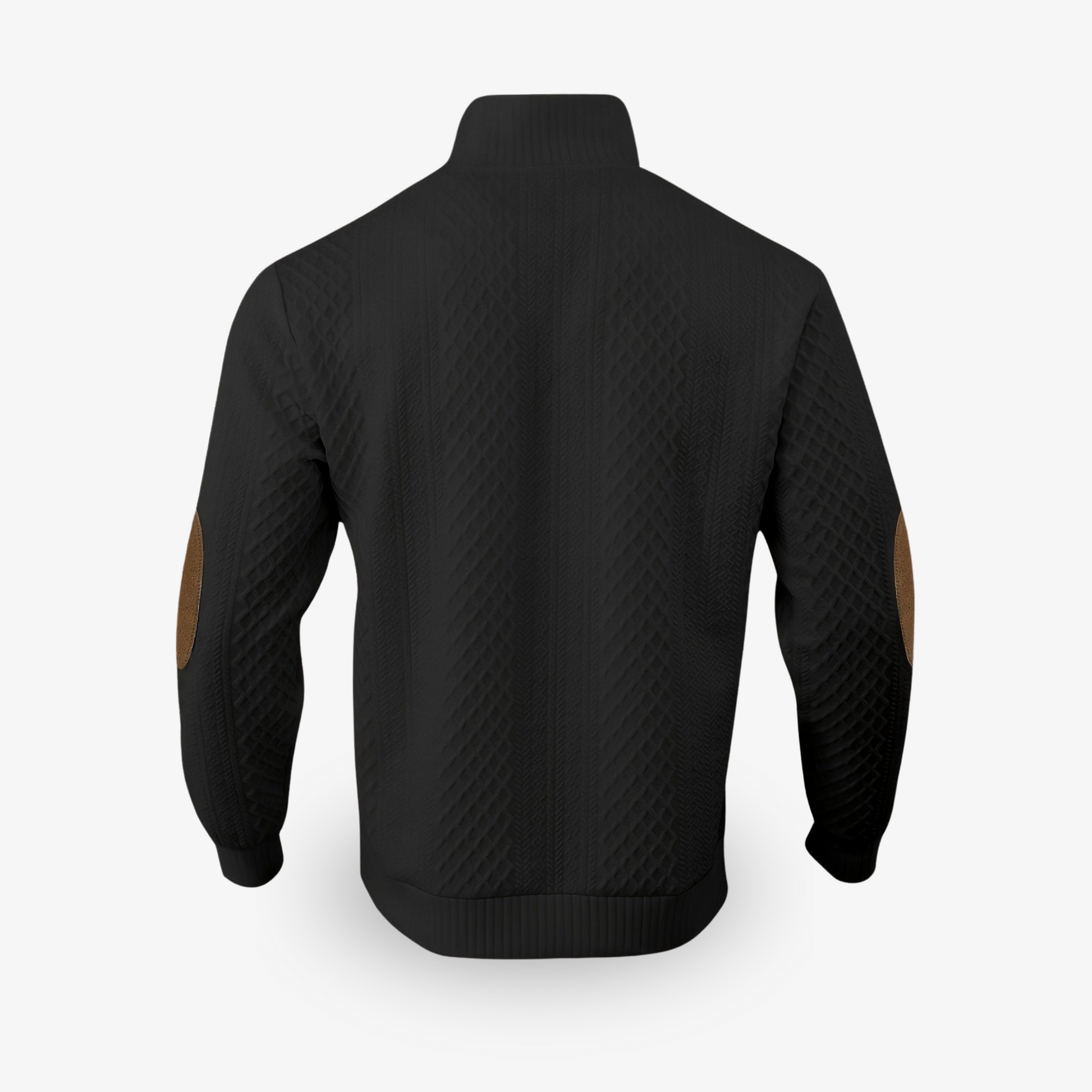 Navy blue men's ribbed sweater buttoned collar elbow patch reinforcement slim winter knit