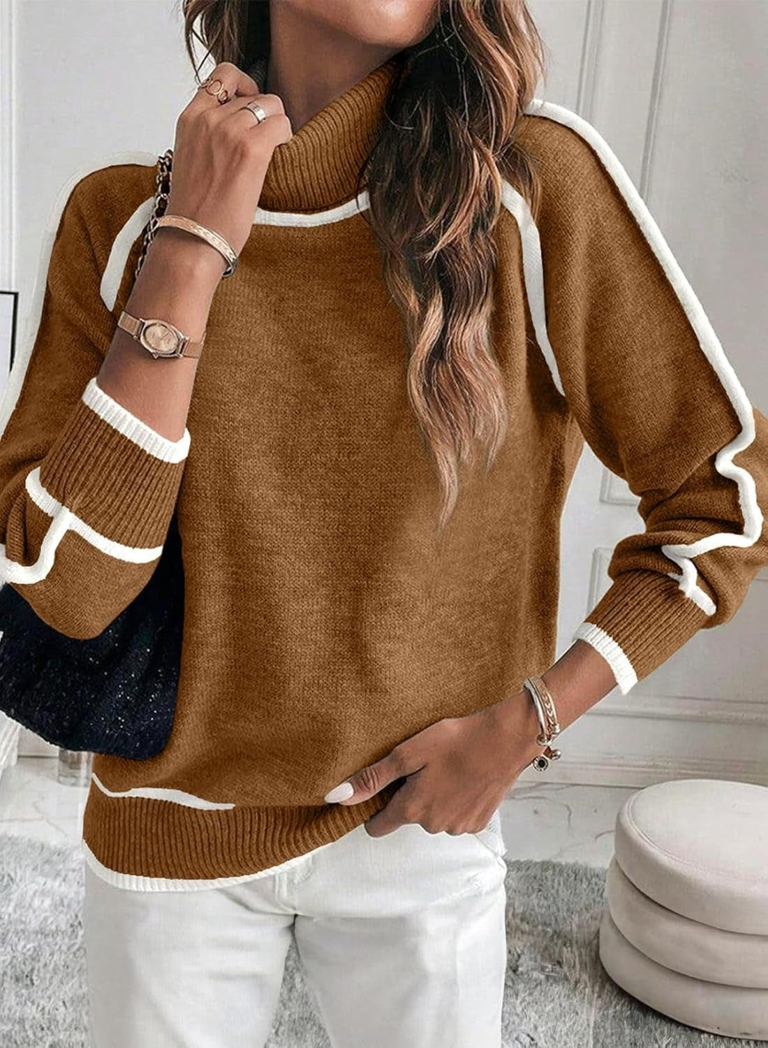 Women's cozy turtleneck sweater relaxed fit soft polyester knit timeless style for office and weekend
