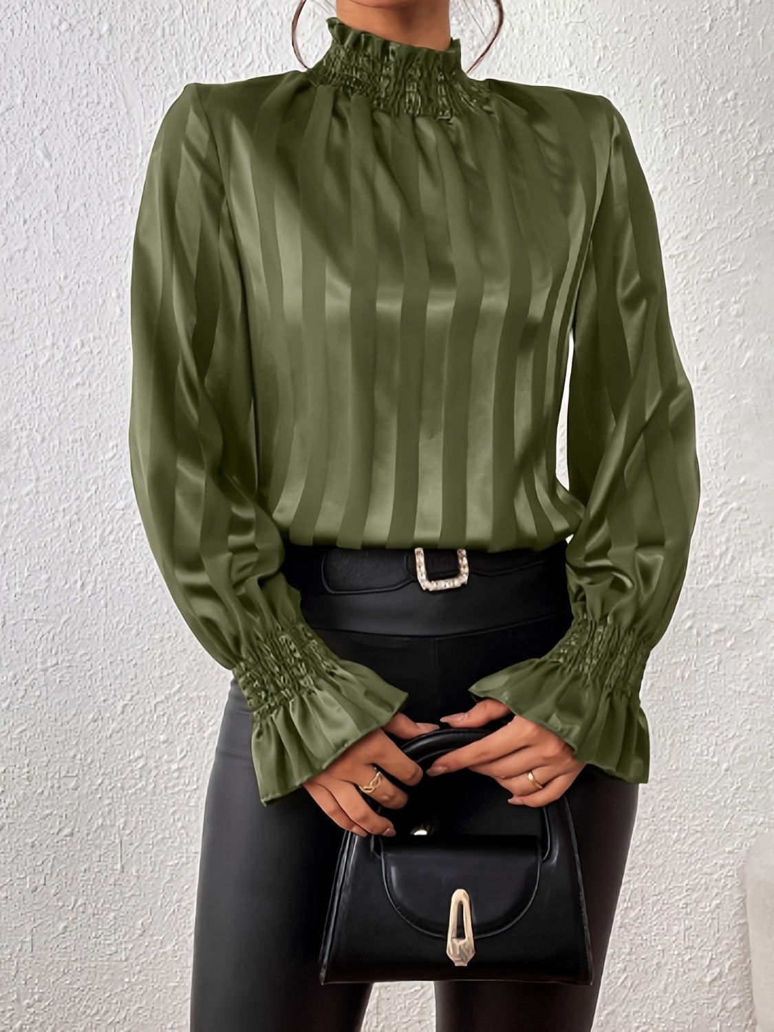 Women's glossy satin blouse high ruffle collar smocked long sleeves sophisticated formal style
