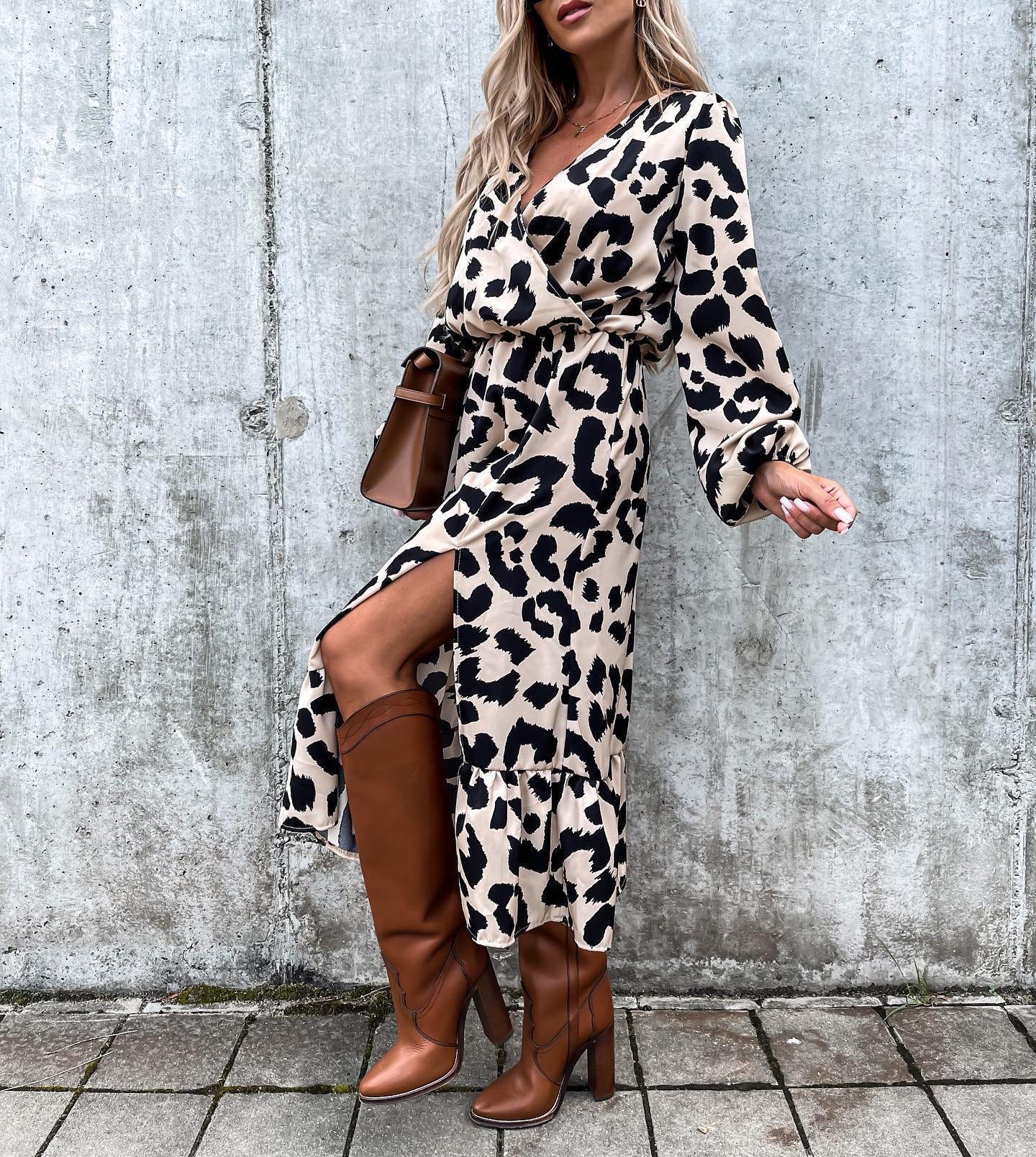 Leopard print maxi dress with front slit, elastic waist, lightweight flowing fabric, chic everyday style