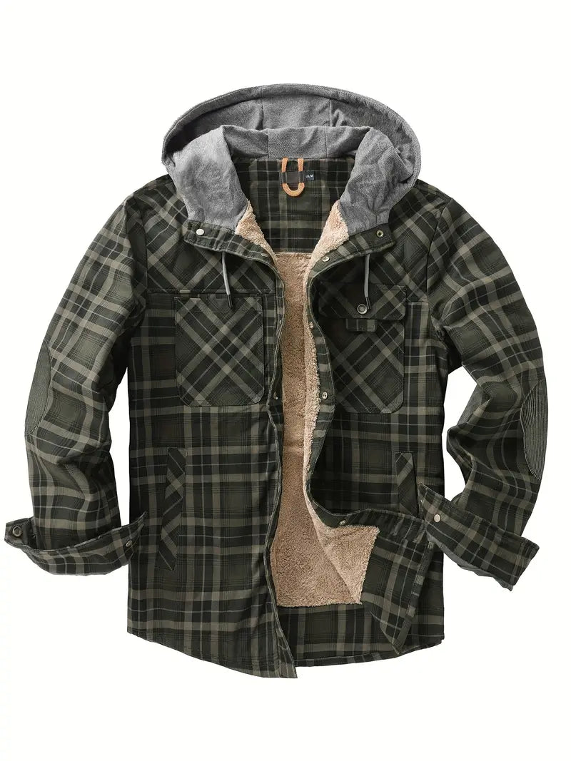 Unisex hooded checked jacket with cozy fleece lining, versatile outdoor coat in classic plaid design
