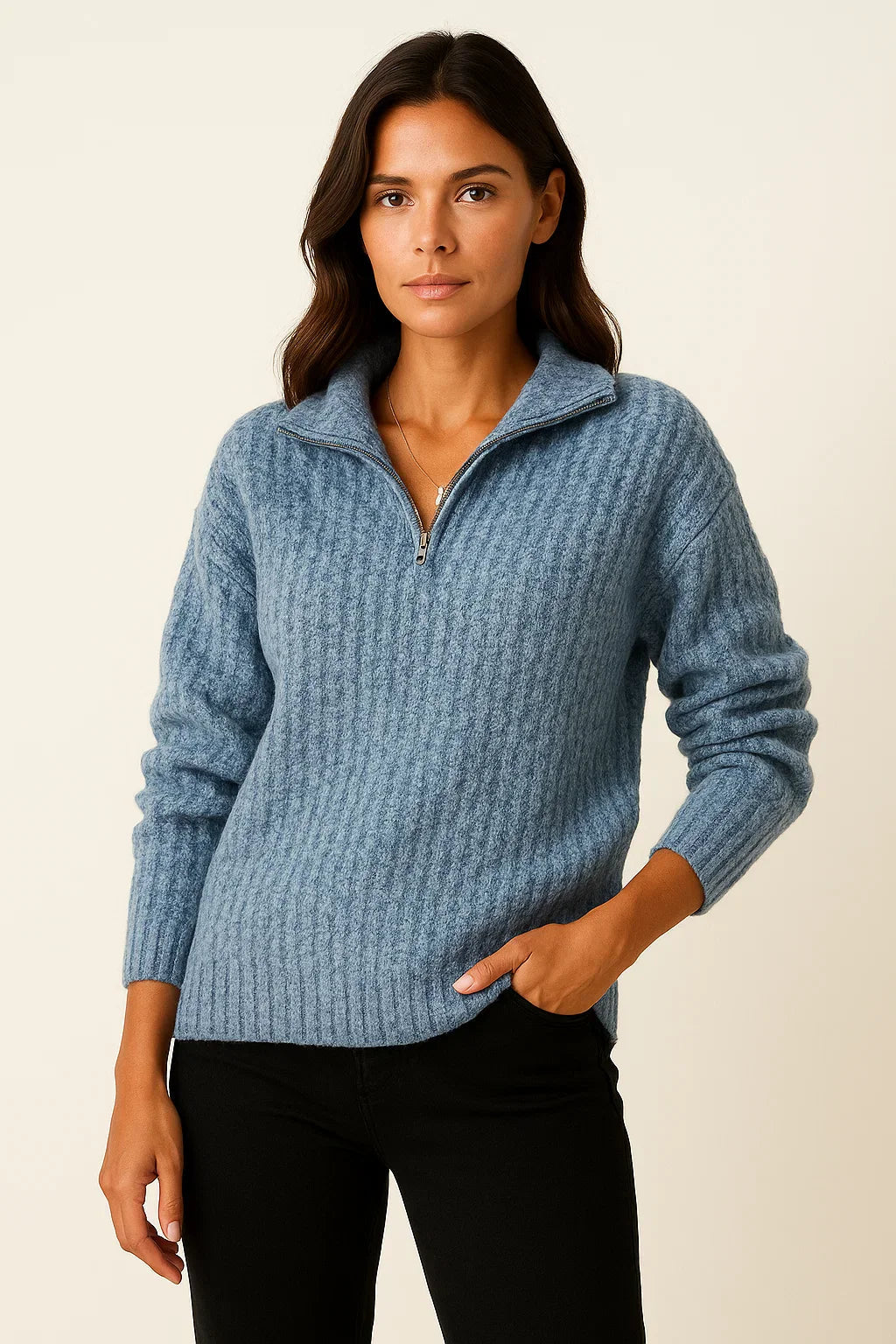 Unisex ribbed knit sweater high collar half-zip closure textured premium casual everyday warmth