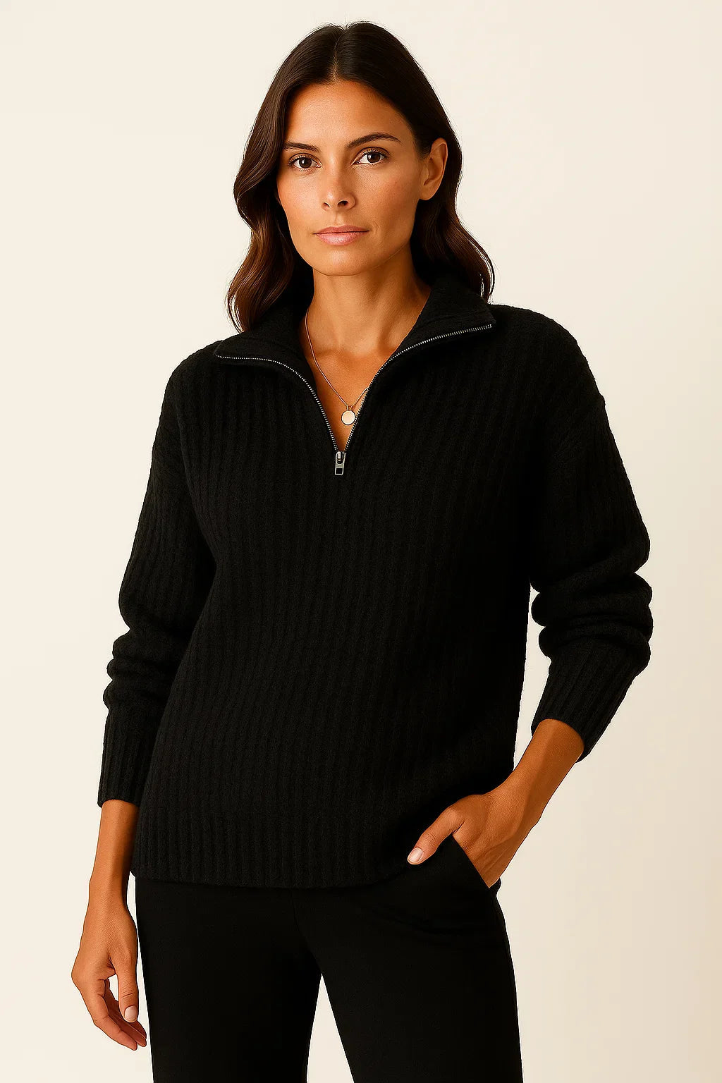 Unisex ribbed knit sweater with high collar and half-zip closure for versatile everyday warmth