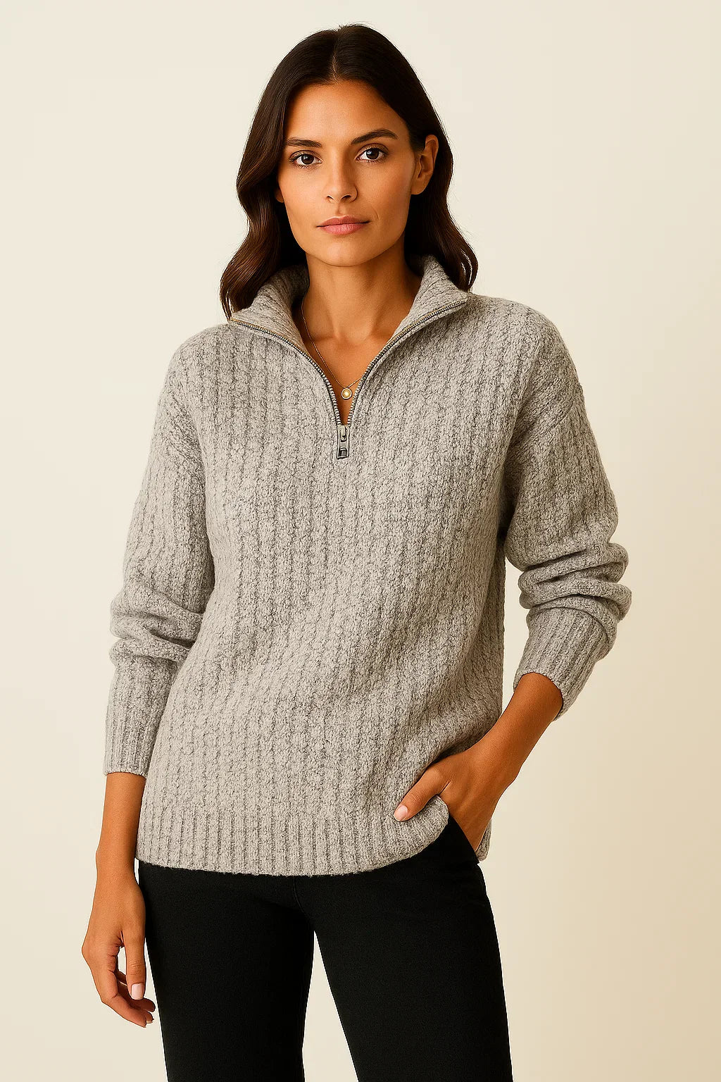 Unisex ribbed knit sweater high collar half-zip closure textured vertical pattern casual luxury style