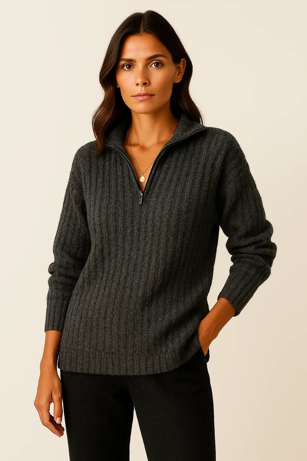 Unisex ribbed knit sweater high collar half-zip closure vertical texture premium casual warmth