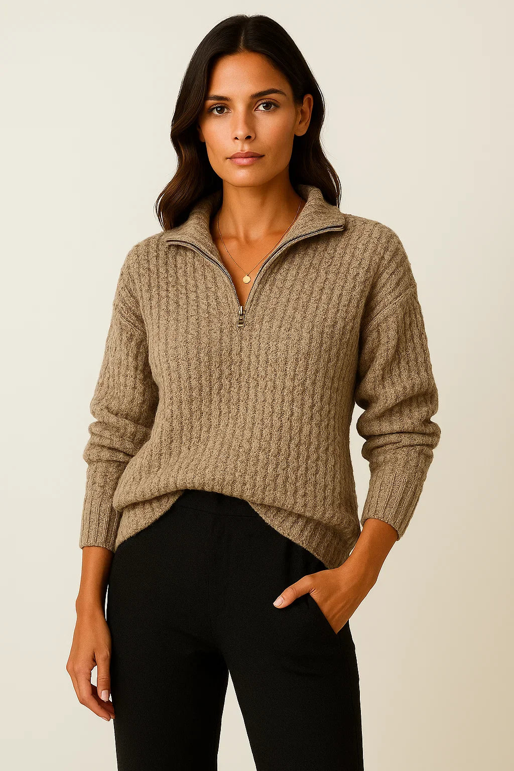 Unisex ribbed knit sweater high collar half-zip closure textured premium everyday style