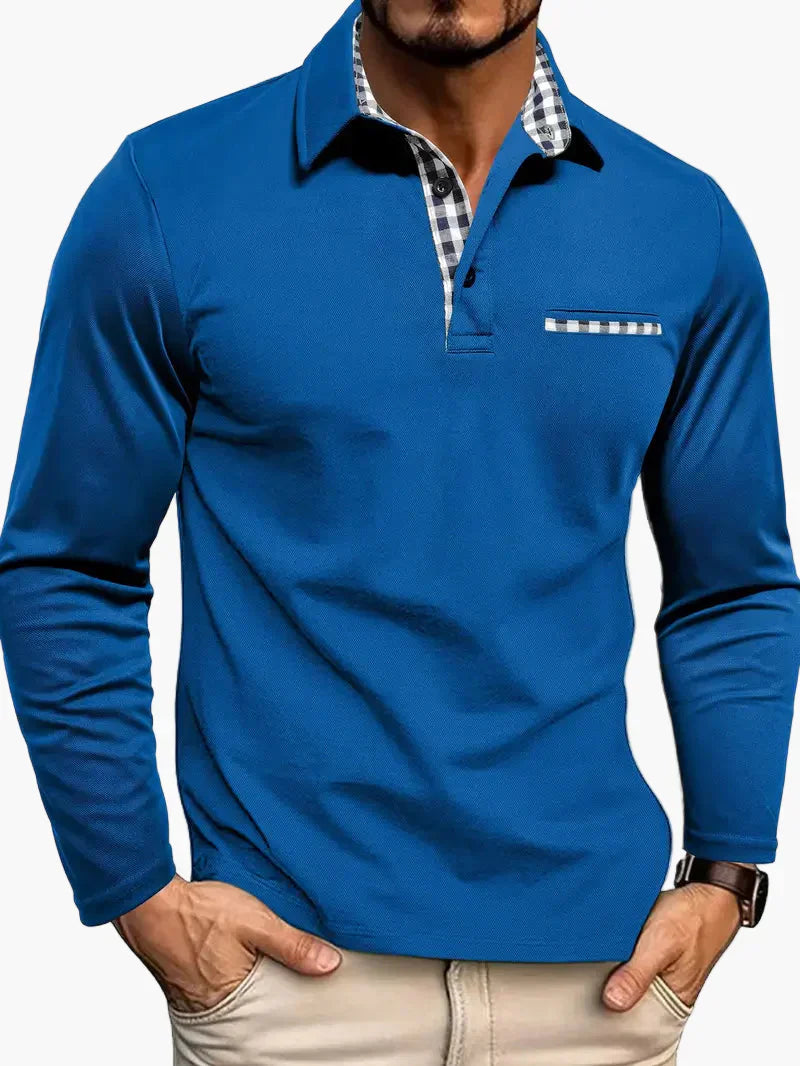 Men's slim-fit long sleeve polo shirt with elegant check collar detail for casual style