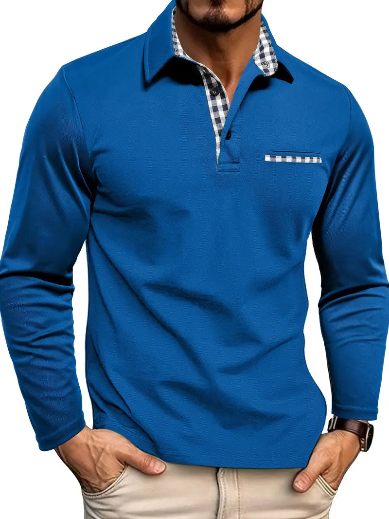 Men's Jaxon long sleeve polo shirt soft cotton blend subtle check detail versatile layering