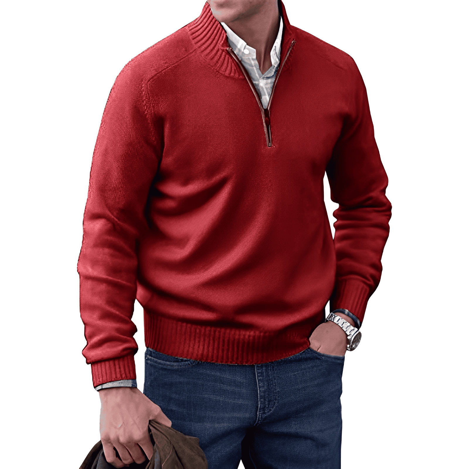 Men's half-zip knit sweater long sleeves classic ribbed collar cuffs hem layering pullover