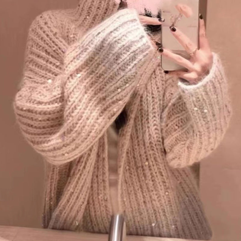 Women's sequined V-neck knit sweater, glam casual retro style with stretchy polyester sparkle detail
