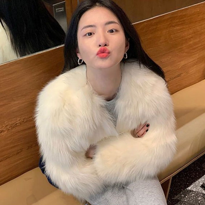 Women's white faux fur party jacket structured short silhouette with plush glamorous finish