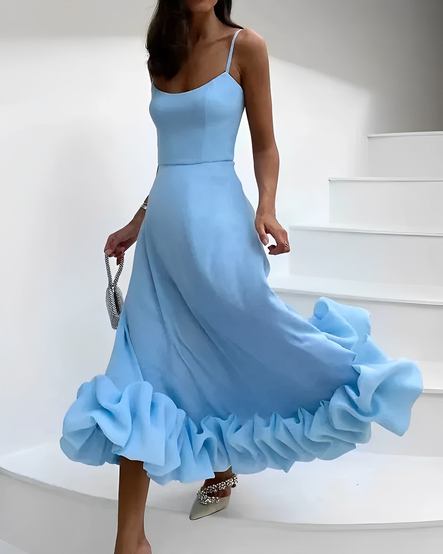 Midi party dress flattering fit soft premium fabric festive feminine elegant silhouette celebration