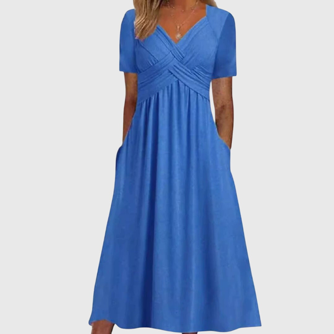 Gabriella women's V-neck pleated front dress with flattering silhouette in elegant style