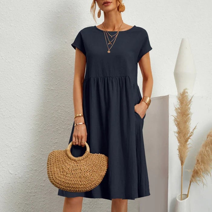 Mila minimalist midi dress for women, elegant round neckline, versatile office-to-event silhouette