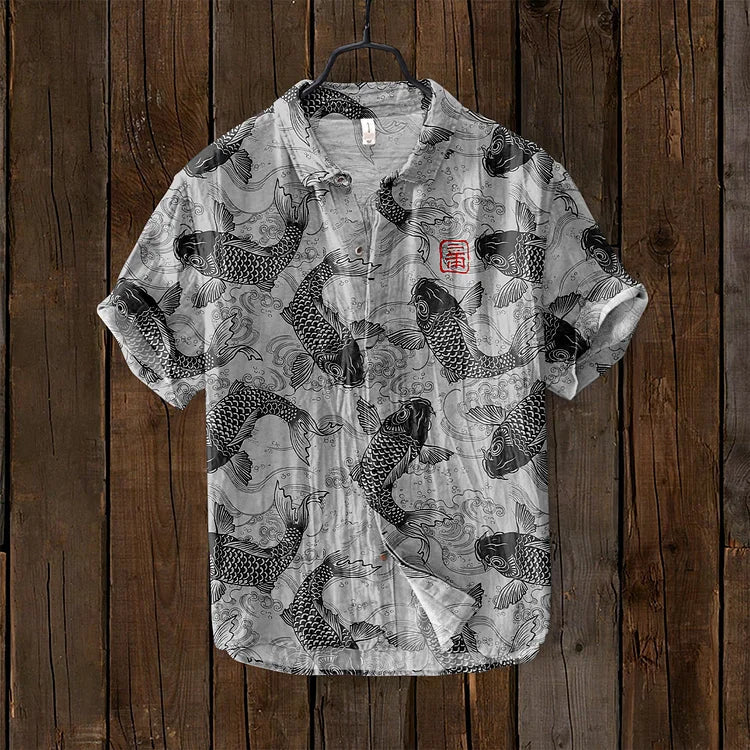 Unisex linen blend shirt with vintage Japanese fish art motif, breathable easy-care relaxed fit