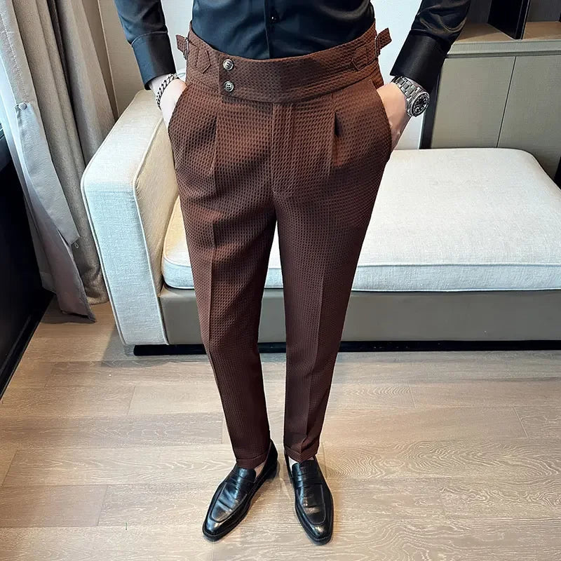 Men's slim fit high waist waffle textured trousers with pleated front and adjustable side straps