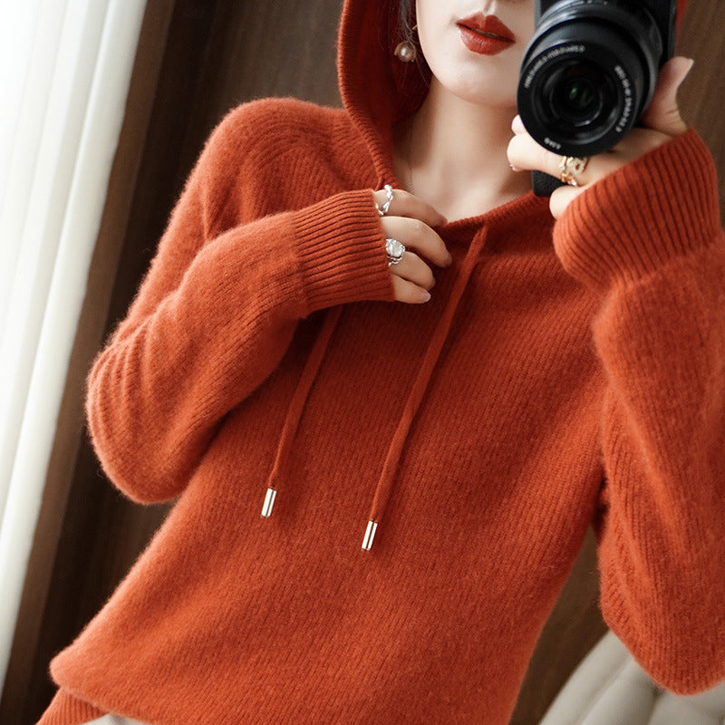 Women's Maya cashmere blend hoodie soft winter pullover with drawstring hood and ribbed knit detailing