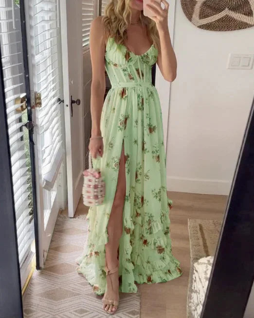 Women's floral print sleeveless summer dress with high slit, elegant chiffon silhouette for daywear
