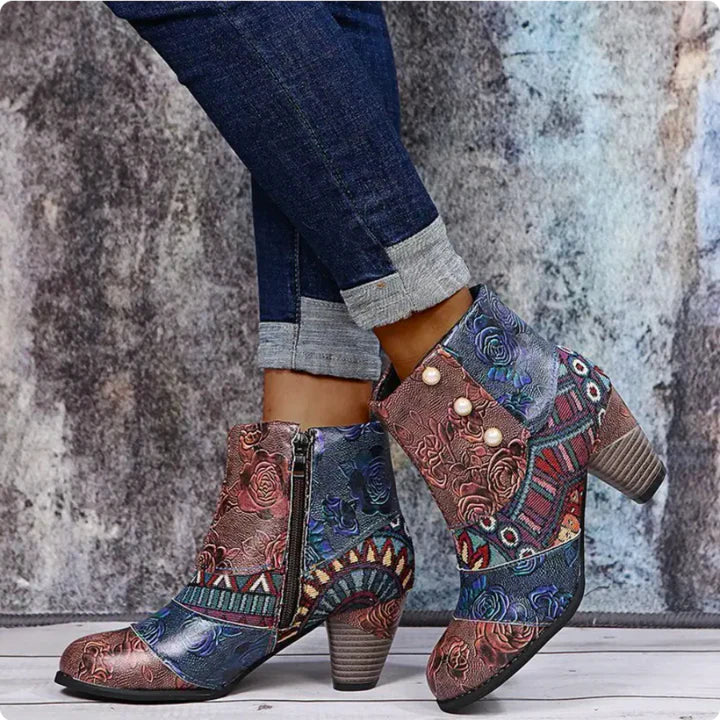 Women's retro waterproof boots ethnic pattern zip closure all-weather comfort vintage-inspired design
