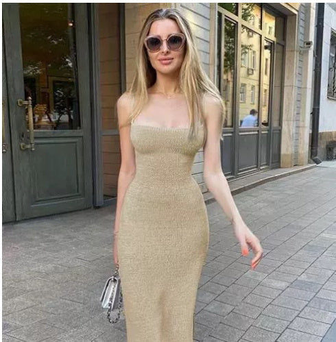 Sleeveless bodycon knit midi dress women fitted minimalist silhouette breathable cotton summer