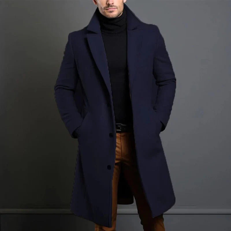 Men's dark long fitted coat with notched collar, tailored silhouette for formal or daily wear