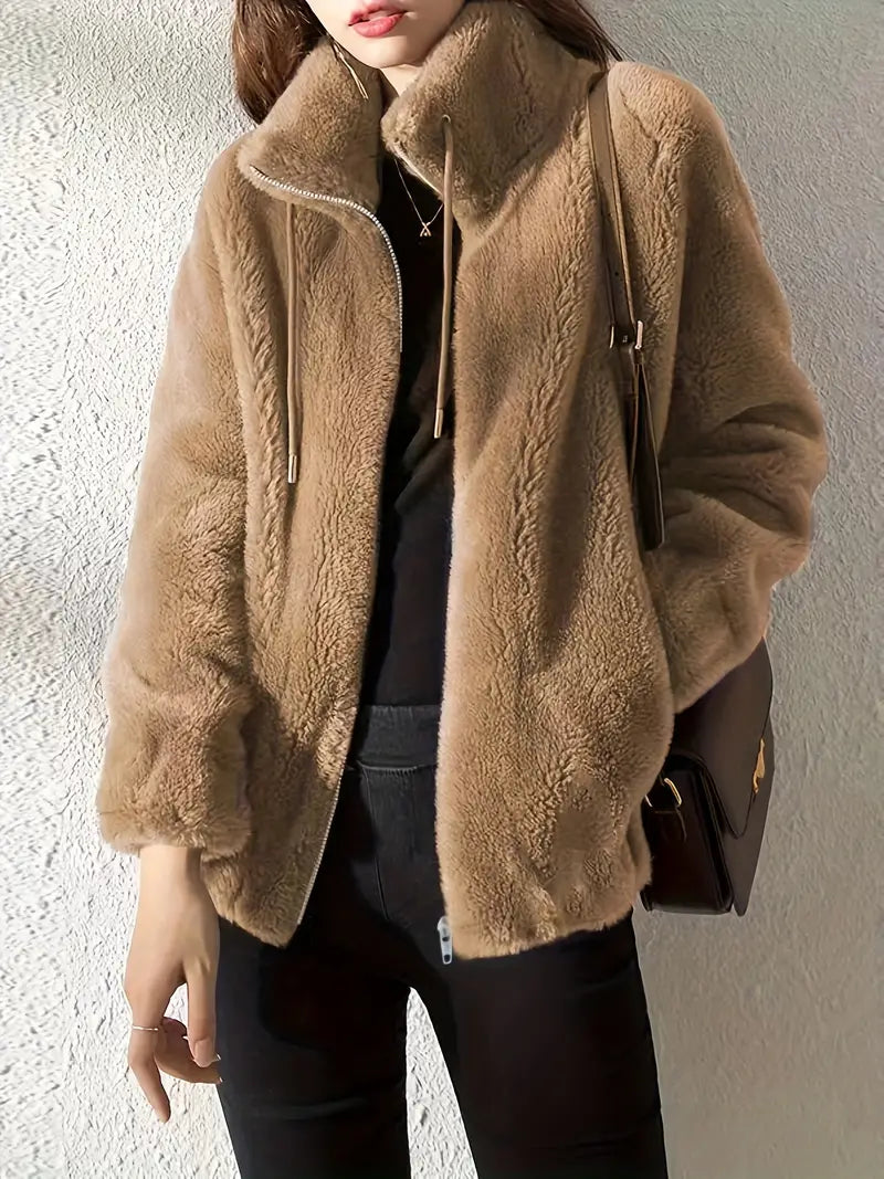 Women's oversized teddy fleece jacket soft plush high collar zip-up cozy essential fall winter