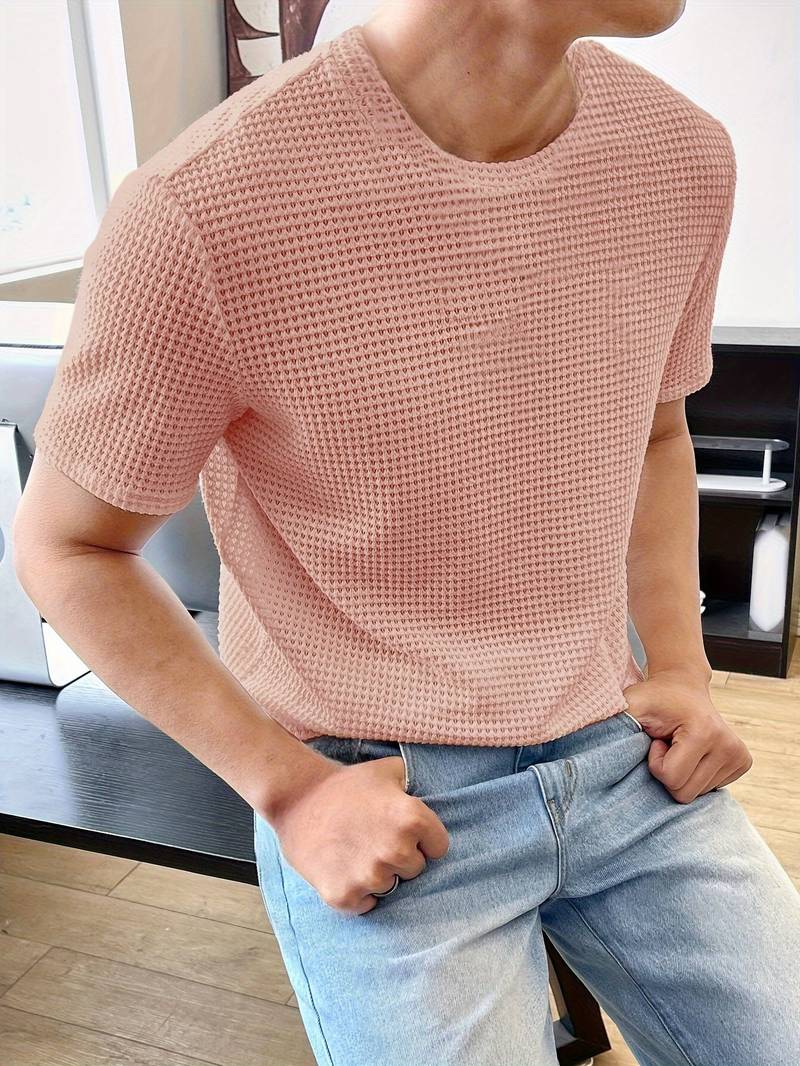 Men's open-knit crew neck t-shirt casual breathable tee with hollow-out texture design