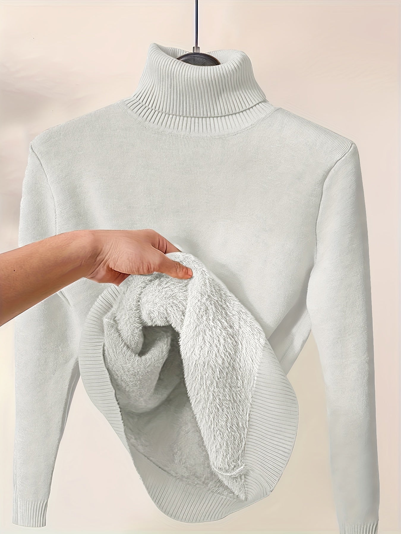 Women's fleece-lined turtleneck knit sweater, minimalist style with ultra-soft warming lining